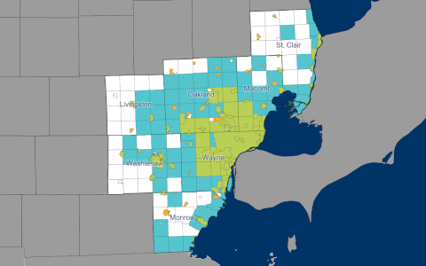 Map of the Southeast Michigan region with member communities colored by community type - City, Village, or Township.