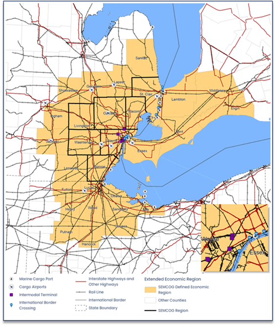 Map of the Southeast Michigan Council of Governments (SEMCOG) region highlighting counties, major highways, and cargo ports. The area includes Detroit and its surroundings, with borders extending into parts of Ontario, Canada. The map shows transportation networks and economic regions, marked with various lines and symbols for clarity.