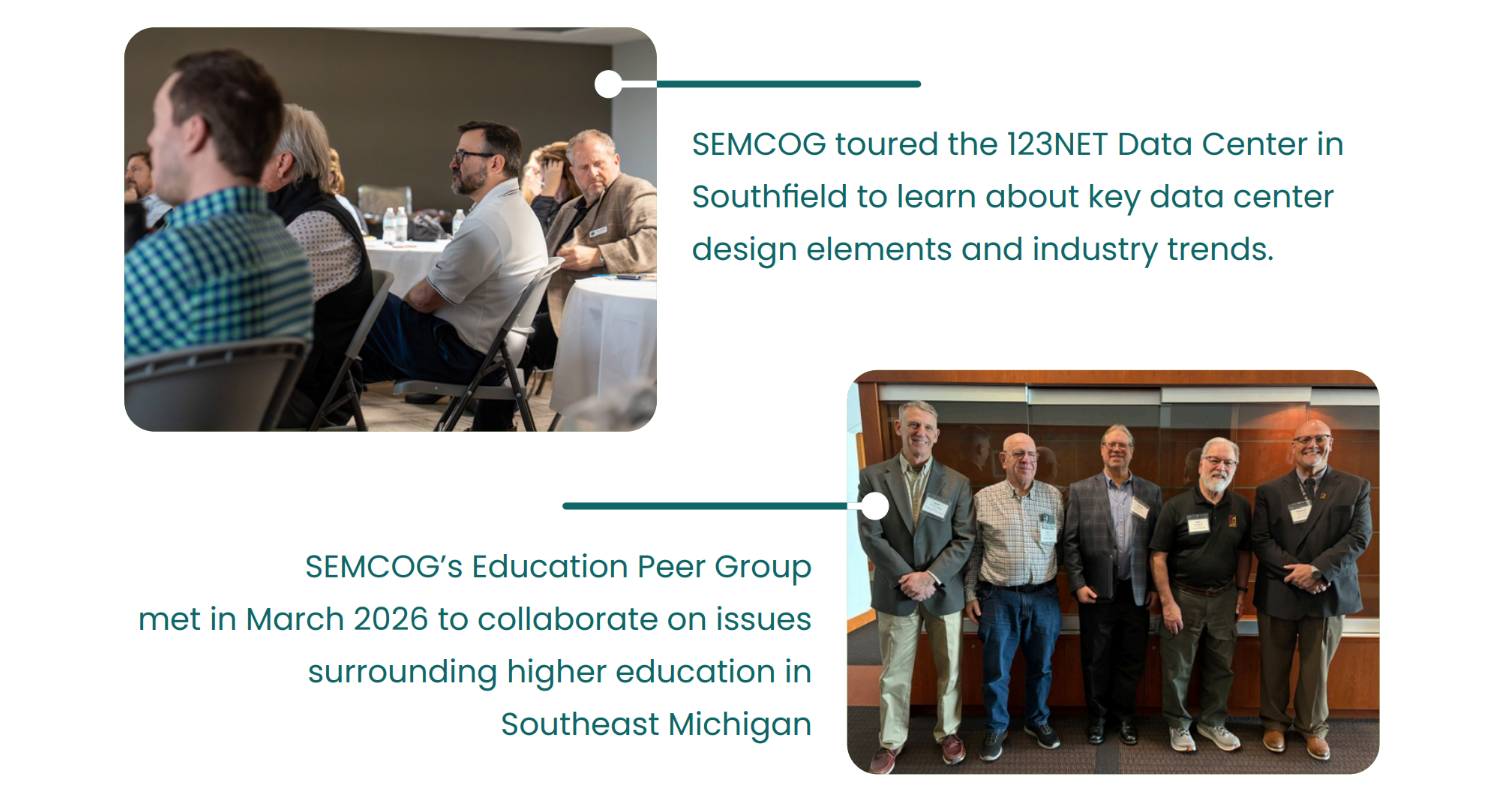 In the image, a group of individuals is seated and attentively listening to a presentation at the 123NET Data Center in Southfield, organized by SEMCOG. Another image shows a group of individuals standing together, identified as SEMCOG's Education Peer Group, meeting in March 2026 to discuss higher education issues in Southeast Michigan.