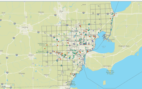 Screenshot of the Transportation Alternatives Program map tool, showing colored dots indicating the locations of TAP projects in Southeast Michigan.
