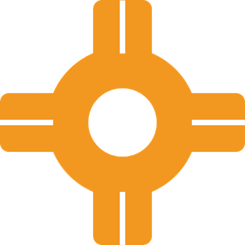 Orange roundabout icon showing a circular intersection with four connecting roads, representing traffic calming.