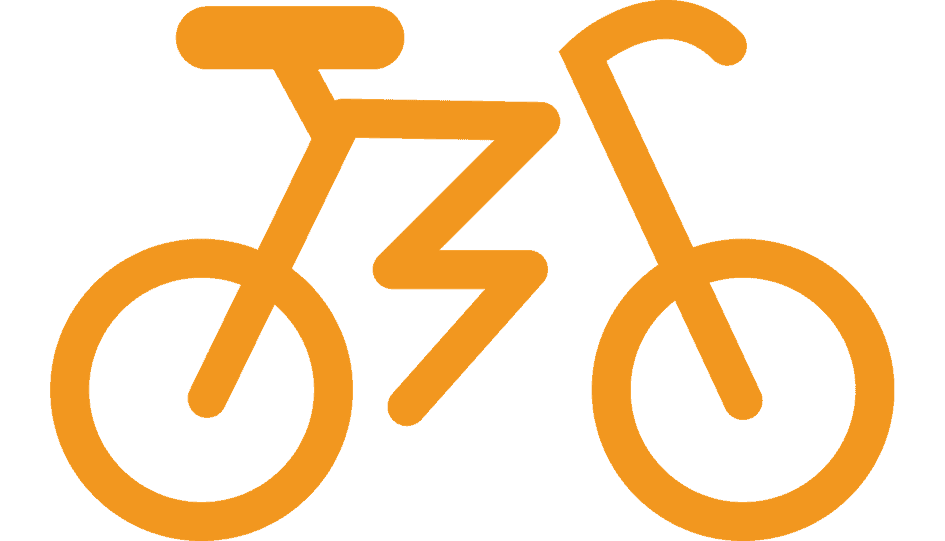 Orange e-bike icon showing a bicycle with an electric bolt symbol, representing e-bike safety and transportation.